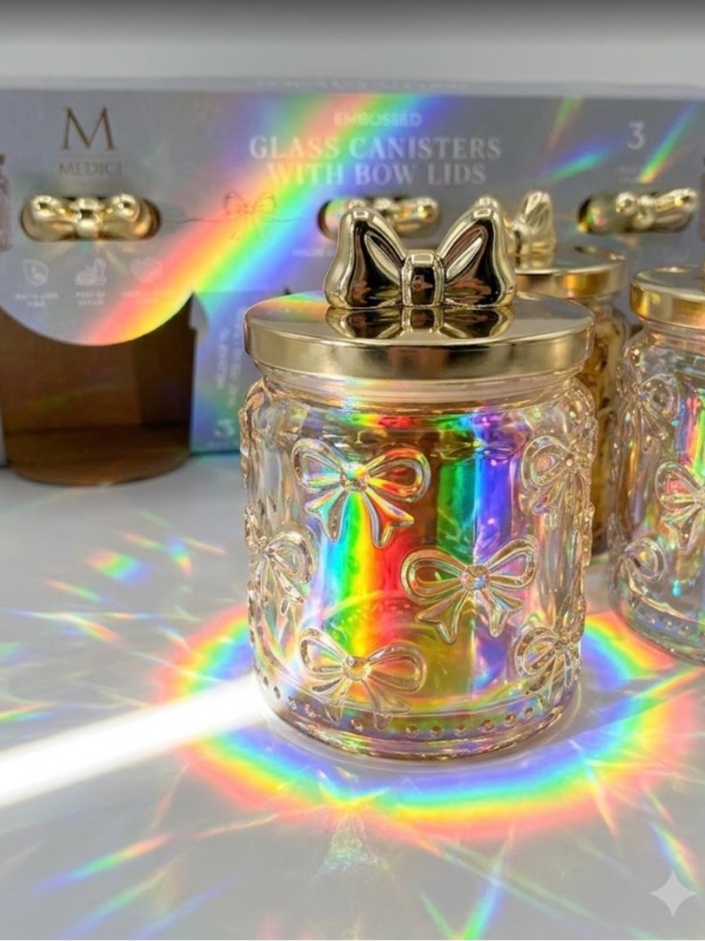 Viral Medici Embossed Glass Canister with Bow Lids Set of Three